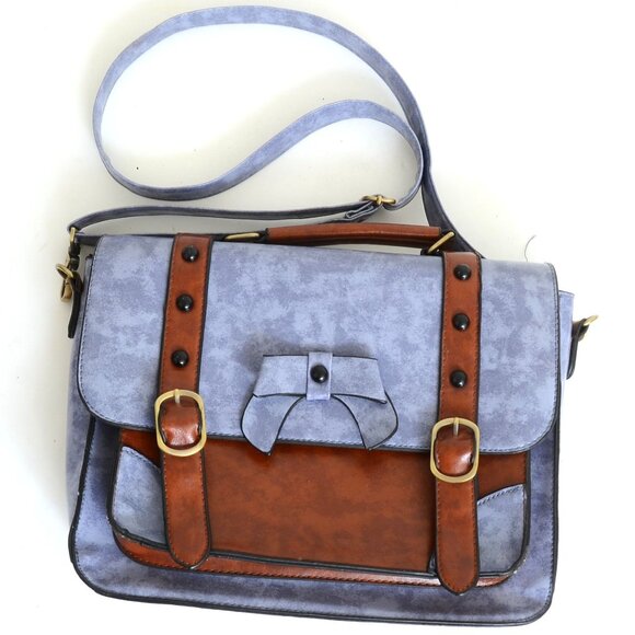 Ecosusi Brown Lavender Blue Faux Leather Messenger Bag Crossbody Laptop Satchel - Picture 1 of 16